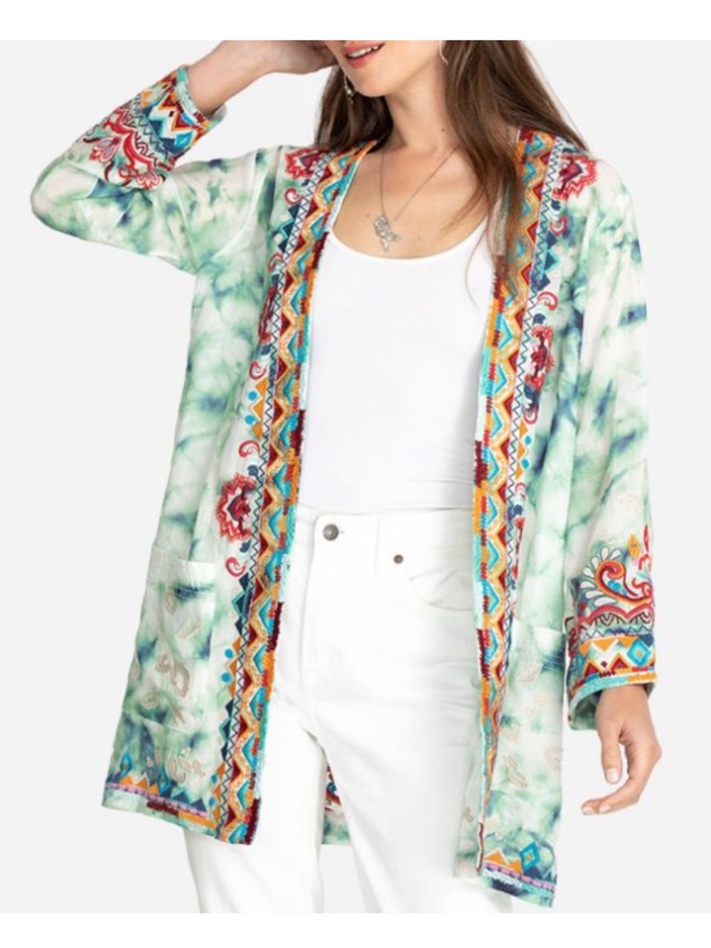 Johnny Was Green Tie-Dye Embroidered Open Front Cardigan